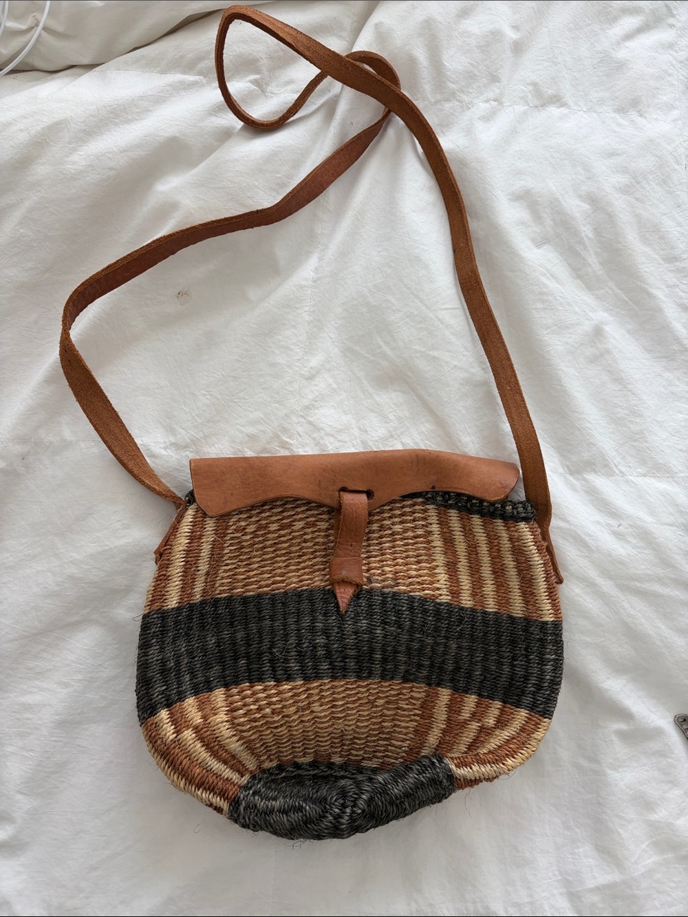 Sisel bag Kenyan made Woven Straw Crossbody Bag with Leather Trim - Brown/Black